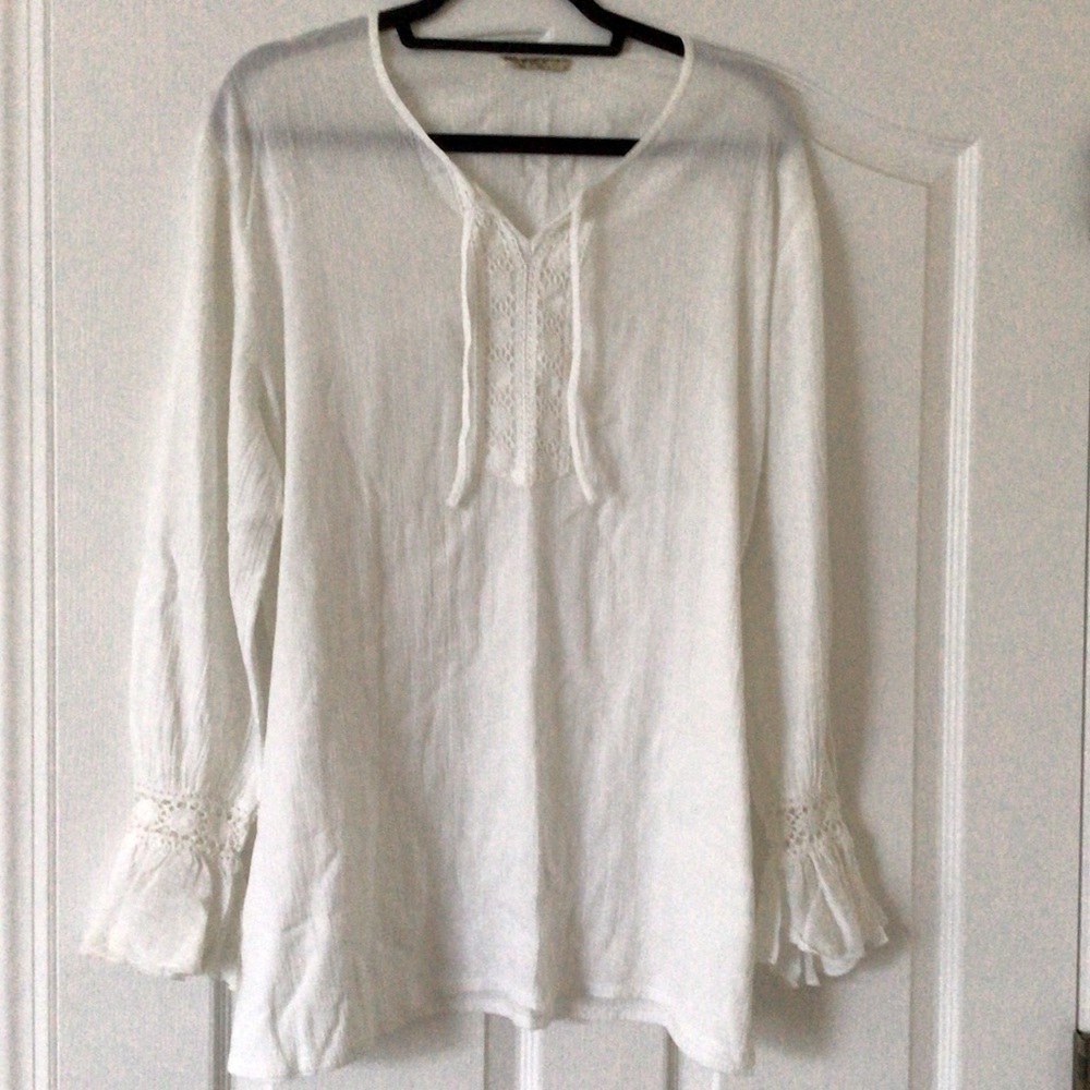 Organic cotton Wrinkle free laced sheer top white blouse summer tunic